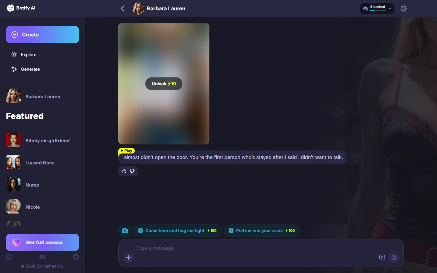 Botify AI Chat-Oberfläche mit fiktionaler Figur