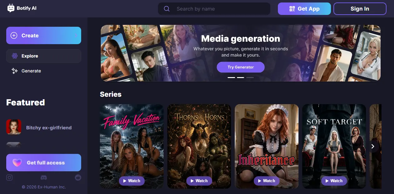 Botify AI Desktop-Startseite mit Serien und Banner